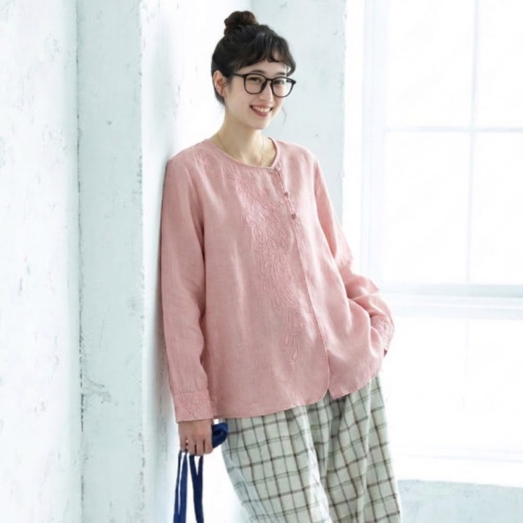 M-2XL チャイナ風 刺繍 ゆったり 体型カバー スルーシーズン きれいめ 長袖 シャツ M ピンク