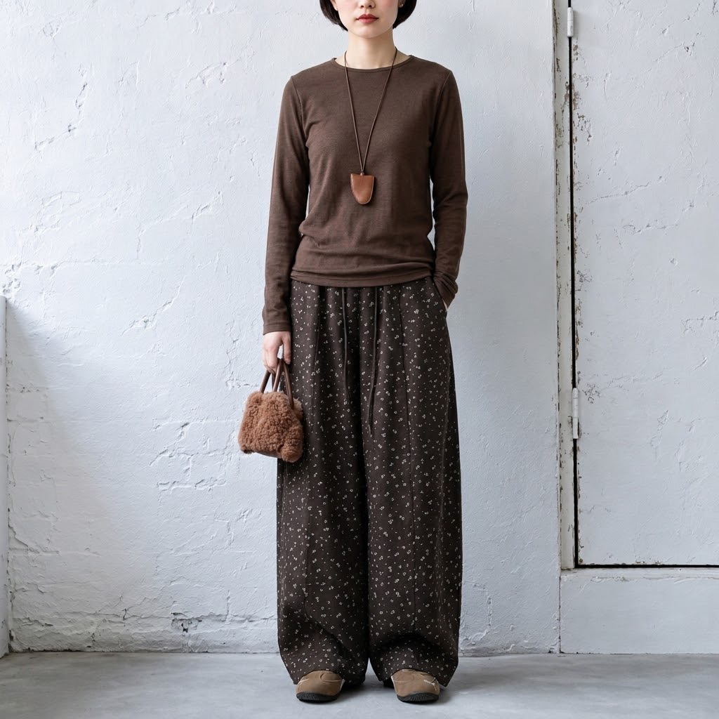 S-2XL 新商品＆再入荷 花柄  ポケット付き ガウチョパンツ 2XL ブラウン (ロング丈)
