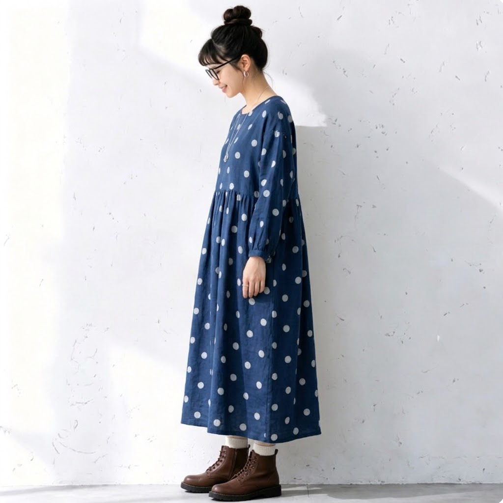 M-2XL 女性に大人気 シンプル ドット柄 長袖 ワンピース M 写真通り