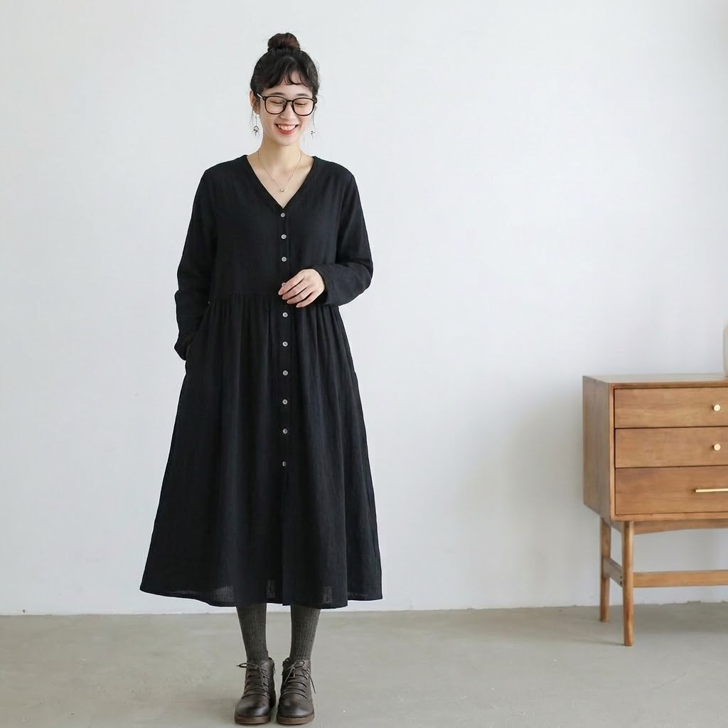 M-2XL V ネック 前ボタン ギャザーデザイン ゆったり レトロ カジュアル 長袖 ロングワンピース 2XL 写真通り