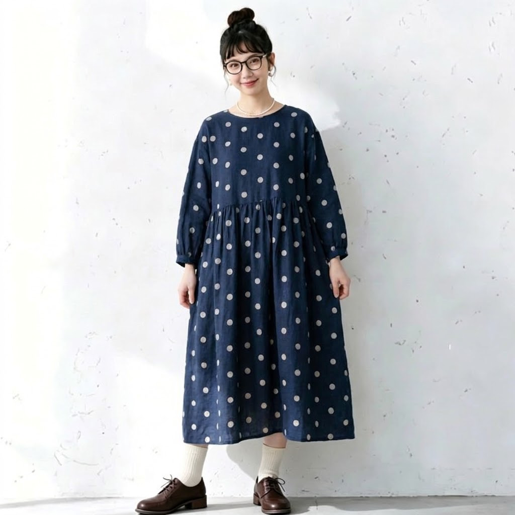 M-2XL 女性に大人気 シンプル ドット柄 長袖 ワンピース M 写真通り