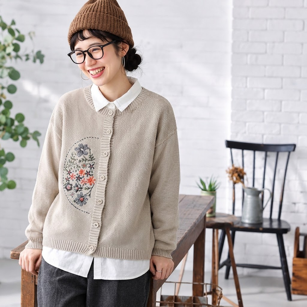 S-3XL 刺繍デザイン 前ボタン ルーズシルエット レトロ 長袖 ニットカーディガン S パープル