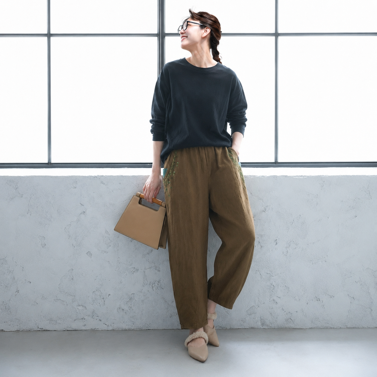M-4XL 綿麻 花模様 刺繍 カジュアルパンツ M アイボリー