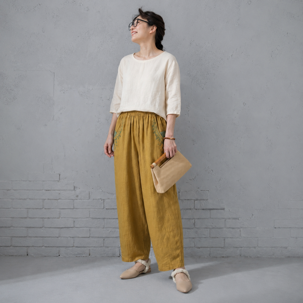 M-4XL 綿麻 花模様 刺繍 カジュアルパンツ M アイボリー