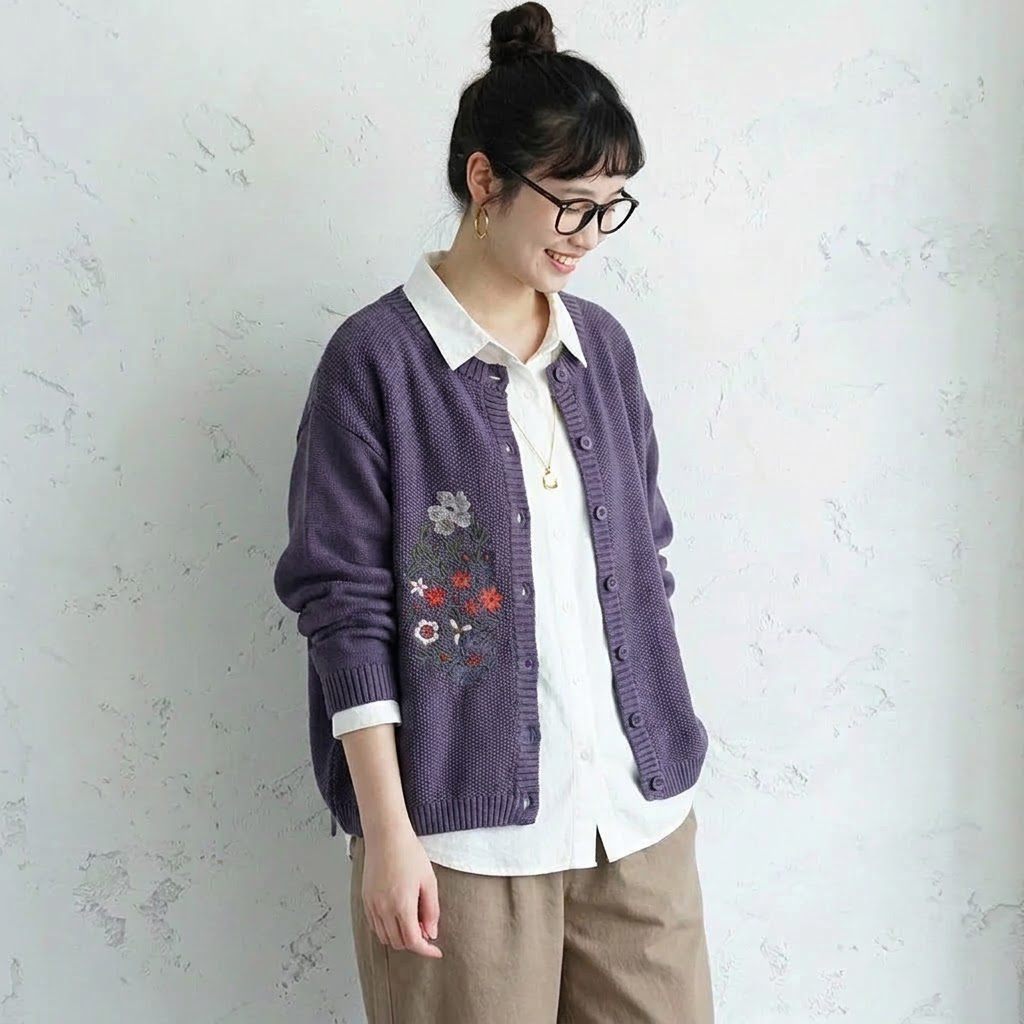 S-3XL 刺繍デザイン 前ボタン ルーズシルエット レトロ 長袖 ニットカーディガン S パープル