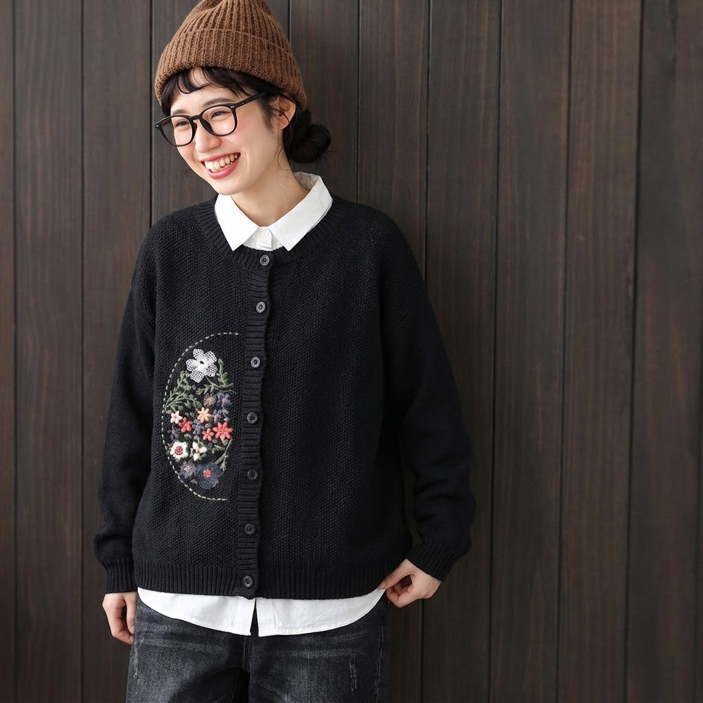 S-3XL 刺繍デザイン 前ボタン ルーズシルエット レトロ 長袖 ニットカーディガン 3XL ブラック
