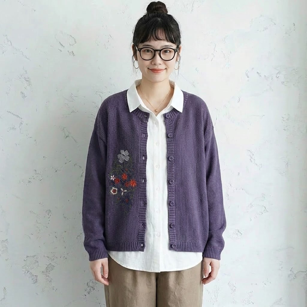 S-3XL 刺繍デザイン 前ボタン ルーズシルエット レトロ 長袖 ニットカーディガン 3XL パープル