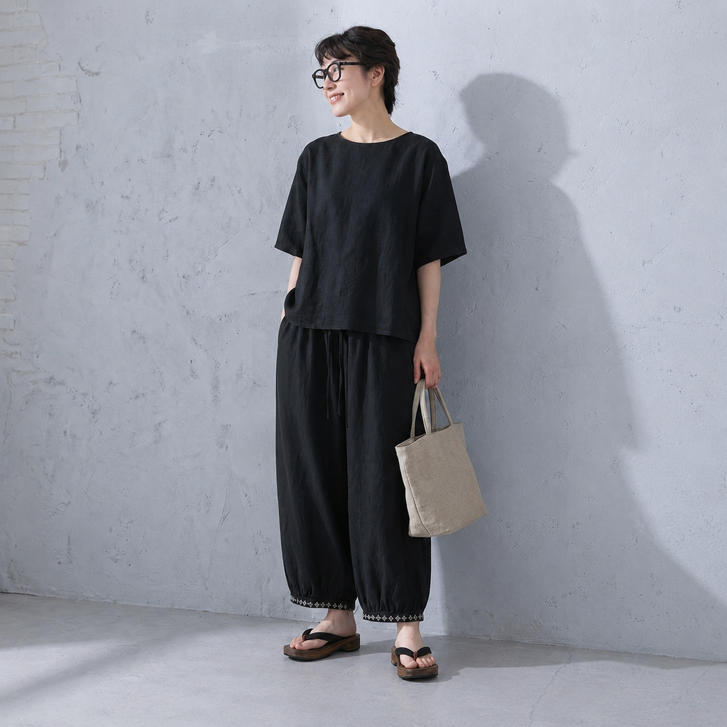 M-4XL 刺繍 コットン お家コーデ ガウチョパンツ M オフホワイト
