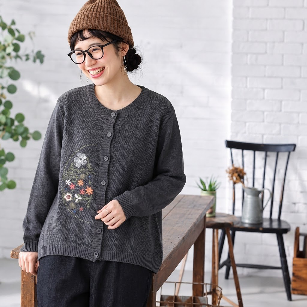 S-3XL 刺繍デザイン 前ボタン ルーズシルエット レトロ 長袖 ニットカーディガン 3XL グレー