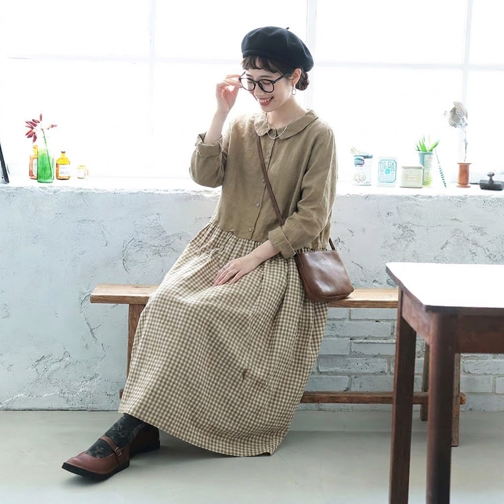【ナチュラル】L-2XL 流行の予感 チェック柄 ノーマルスリーブ 長袖 配色 無地 カジュアル ワンピース L 写真通り