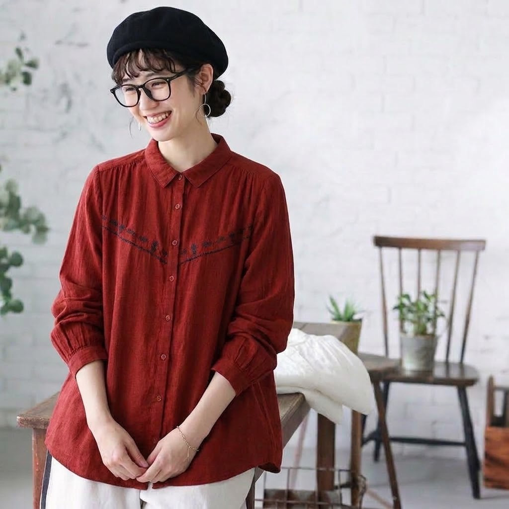 ML 気質アップ コットン 無地 刺繍 ナチュラル シャツ M ホワイト