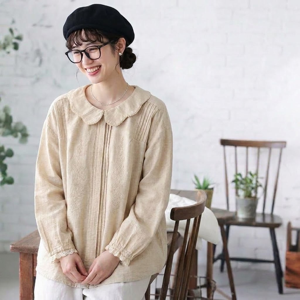 F テクスチャ 無地 刺繍 長袖 森ガール シャツ フリー ホワイト