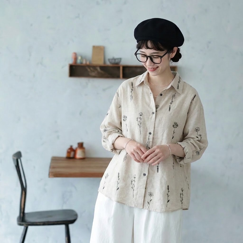 M-2XL 大人可愛い 花模様 刺繍 植物 長袖 シャツ袖  シャツ M 写真通り