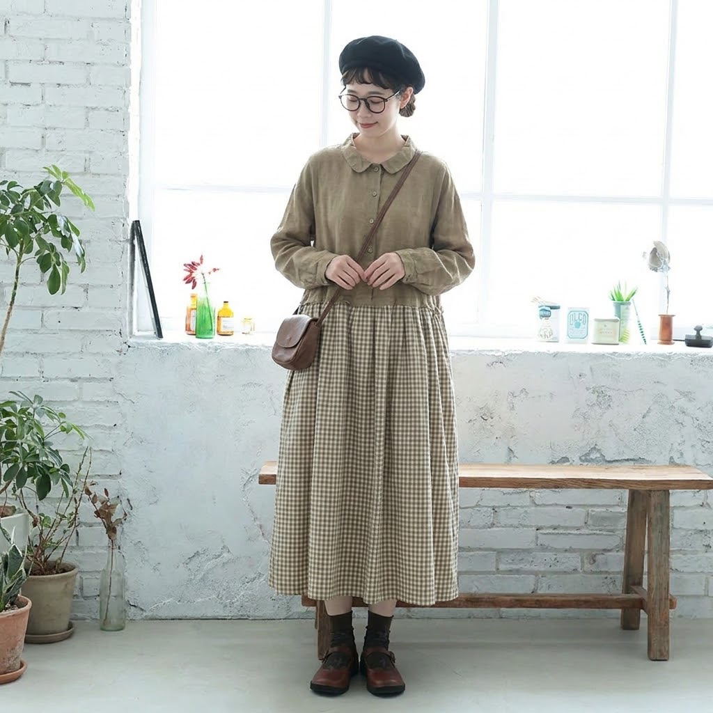 【ナチュラル】L-2XL 流行の予感 チェック柄 ノーマルスリーブ 長袖 配色 無地 カジュアル ワンピース L 写真通り
