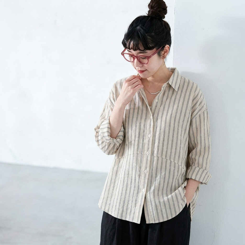 L-2XL  コットン ストライプ柄 シャツ 2XL ベージュ