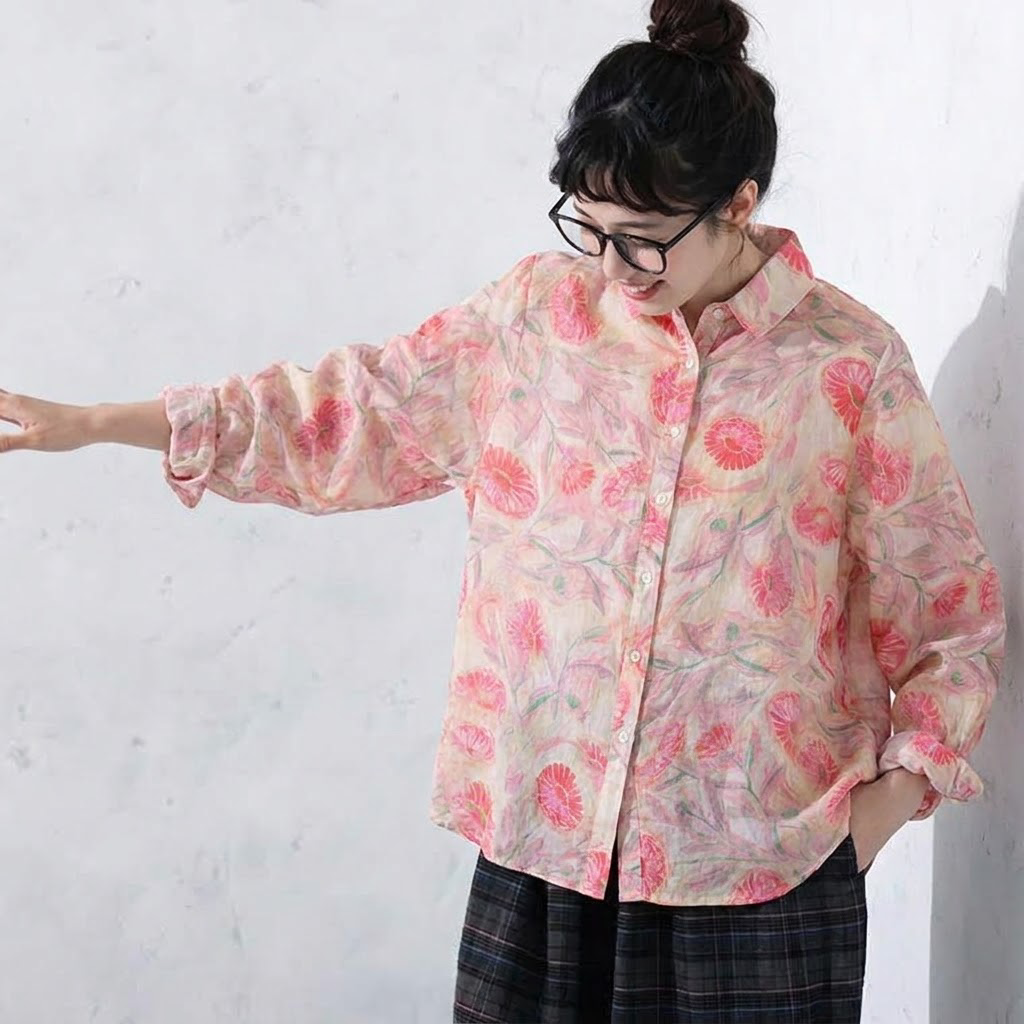 M-2XL 大花柄 秋色 落ち着いたカラー ゆったり 長袖シャツ 2XL ピンク