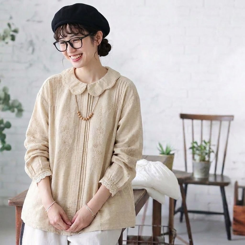 F テクスチャ 無地 刺繍 長袖 森ガール シャツ フリー ナチュラル