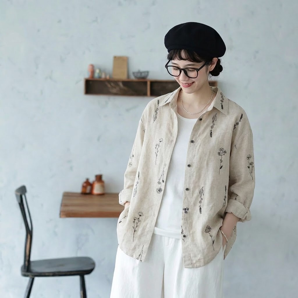 M-2XL 大人可愛い 花模様 刺繍 植物 長袖 シャツ袖  シャツ M 写真通り