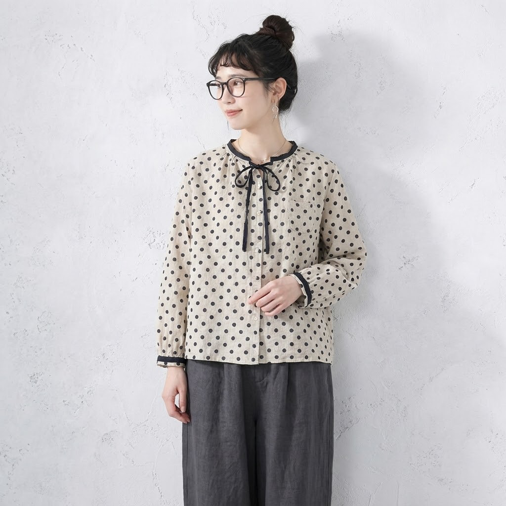M-2XL 人気沸騰 綿麻 ドット柄  長袖  ボタン カジュアル シャツ 2XL 写真通り