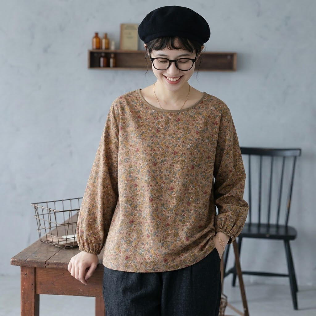 M-2XL 女性に大人気 綿麻 花柄 耐久性 ナチュラル 長袖 シンプル シャツ 2XL コーヒー