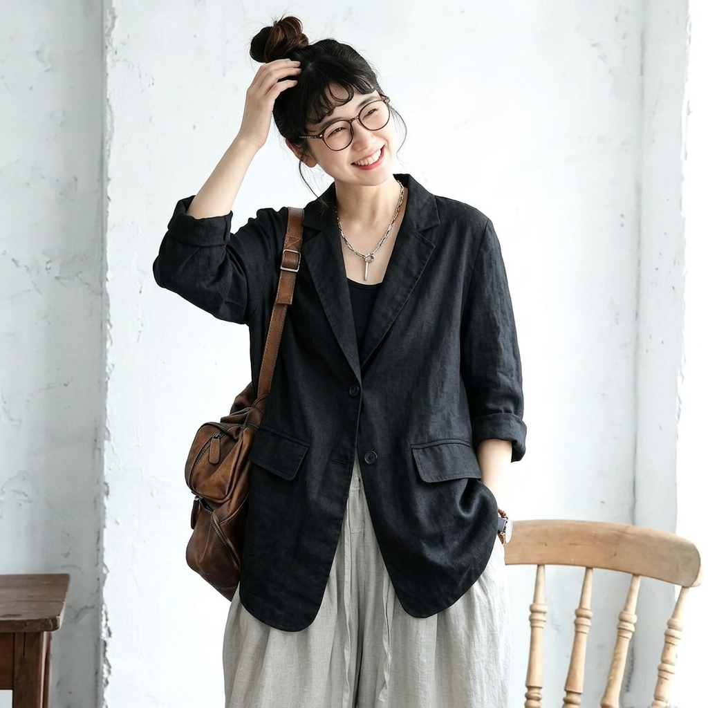 M-XL 無地 通気性良い 七分袖 シングルブレスト スーツジャケット XL ブラック