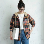 M-2XL フード付き ボタン チェック柄 長袖 カジュアル シャツ 2XL ブラウン (裏起毛)