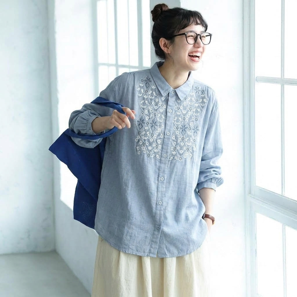 ML 厚み感 重厚刺繍 チャイナ風 ロングスリーブ シャツ L スモーキーブルー