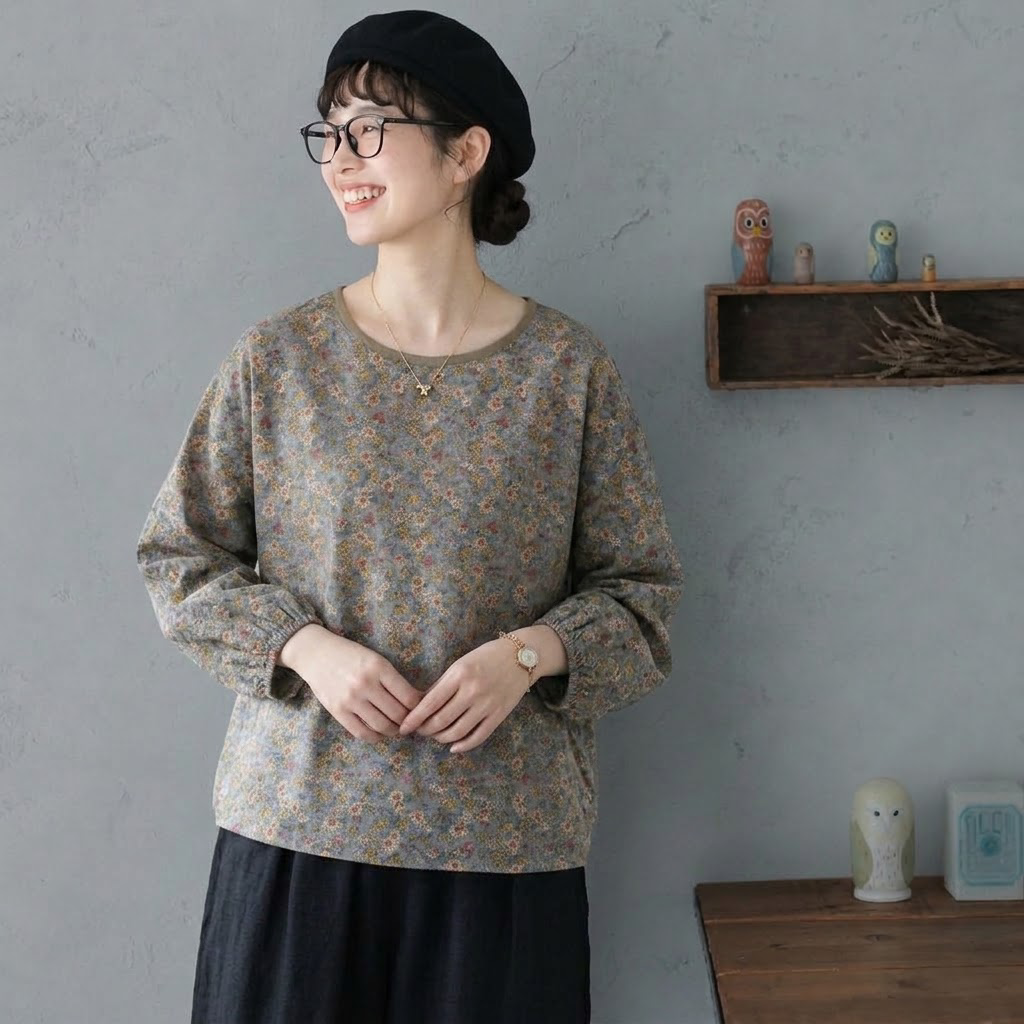 M-2XL 女性に大人気 綿麻 花柄 耐久性 ナチュラル 長袖 シンプル シャツ M コーヒー