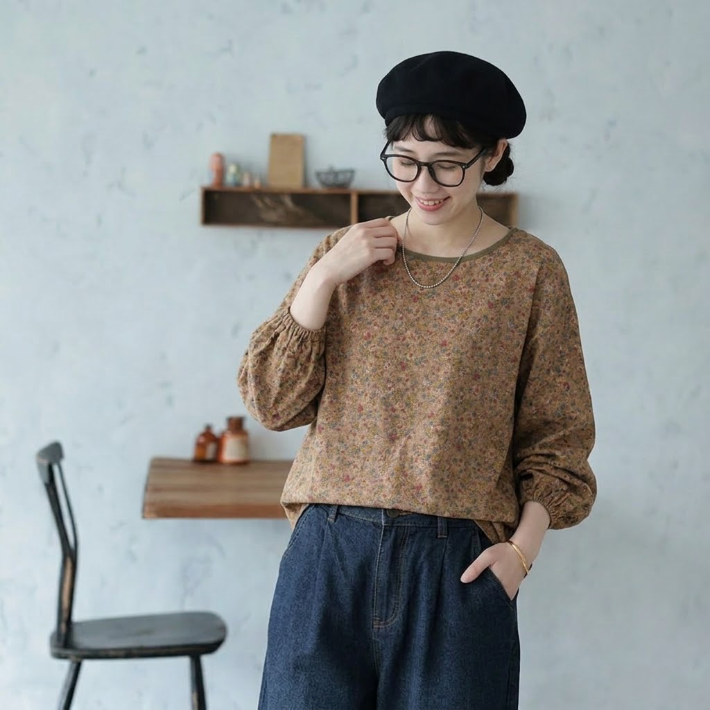 M-2XL 女性に大人気 綿麻 花柄 耐久性 ナチュラル 長袖 シンプル シャツ M コーヒー