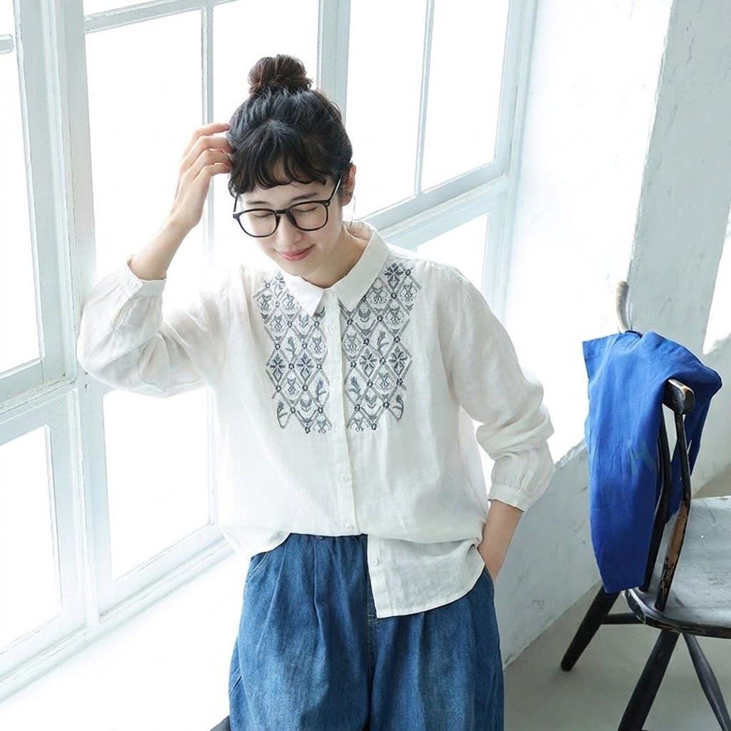 ML 厚み感 重厚刺繍 チャイナ風 ロングスリーブ シャツ L ホワイト