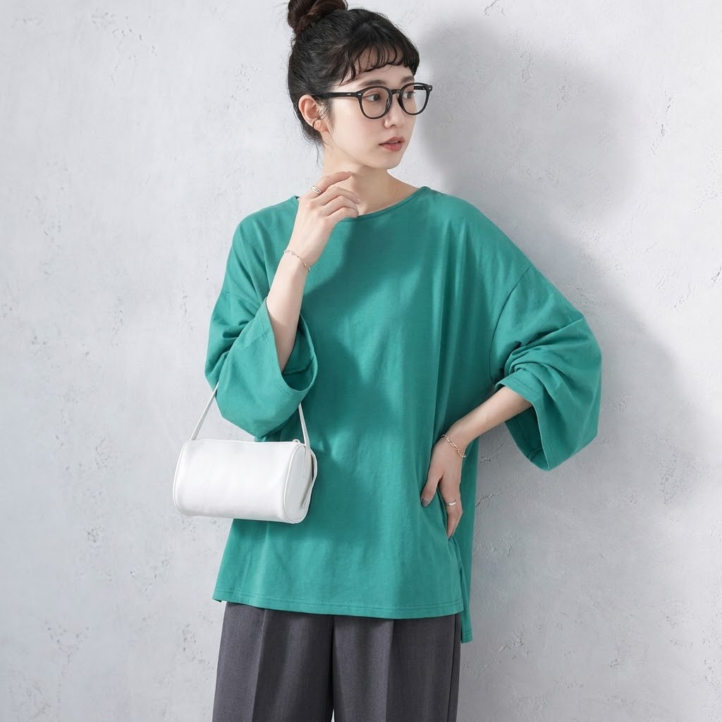 ML 新登場 ボーダー/無地 ラウンドネック 長袖 Tシャツ M グリーン
