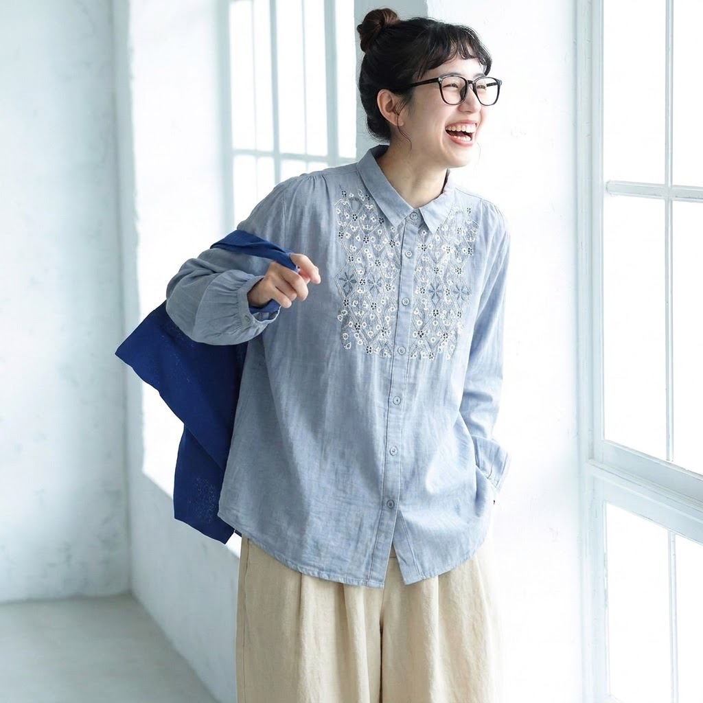 ML 厚み感 重厚刺繍 チャイナ風 ロングスリーブ シャツ M スモーキーブルー
