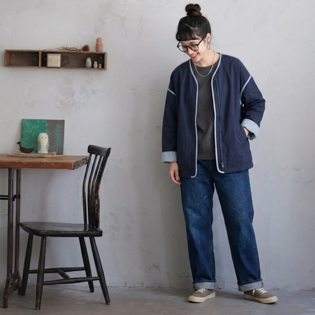 M-4XL 人気を獲得♡ 落ち肩スリーブ 長袖 無地 配色 ジャケット M ネイビー