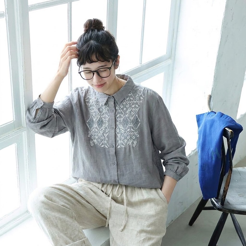 ML 厚み感 重厚刺繍 チャイナ風 ロングスリーブ シャツ L グレー
