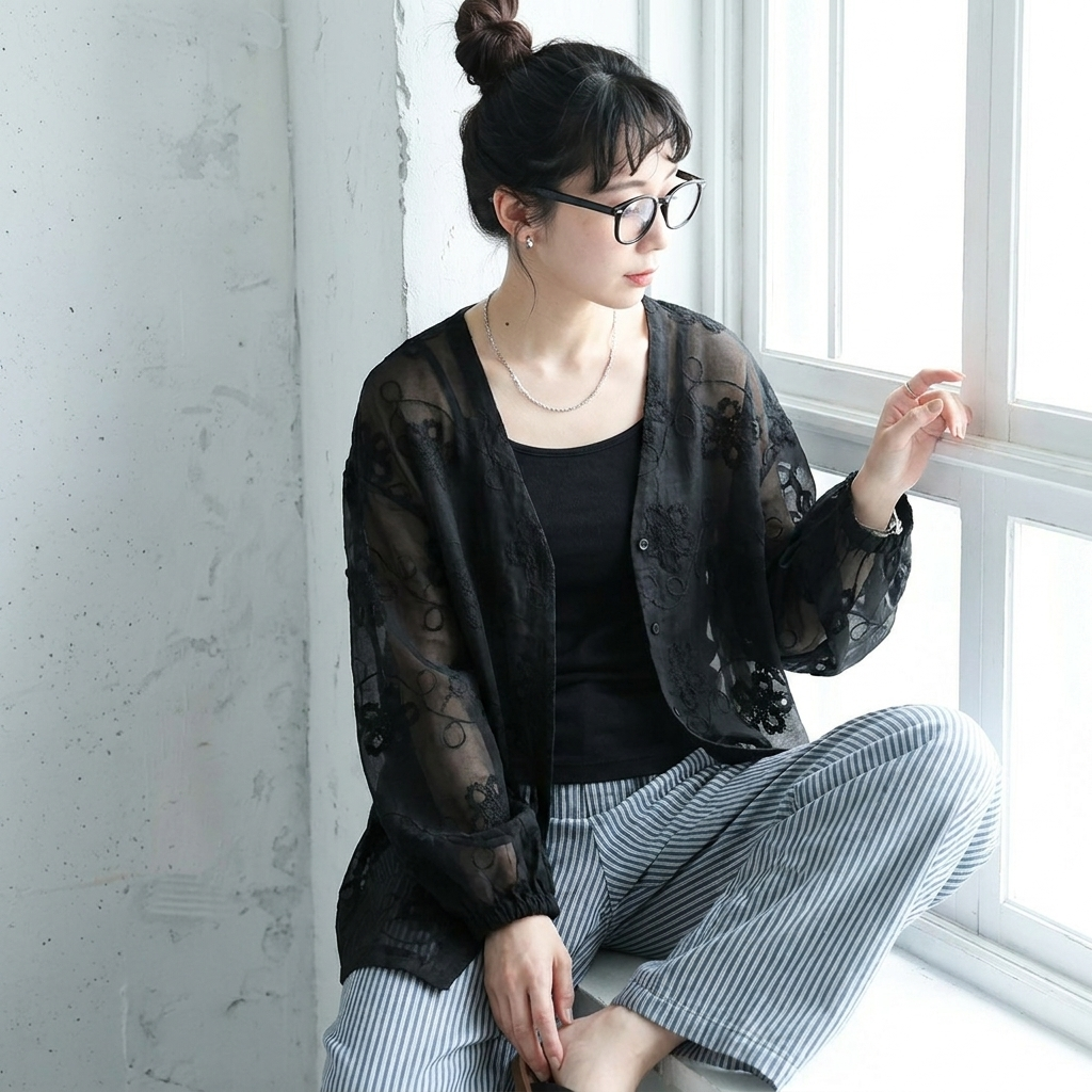 L-XL 花模様 ポケット付き 刺繍 Vネック 長袖 カジュアル アウター L ホワイト