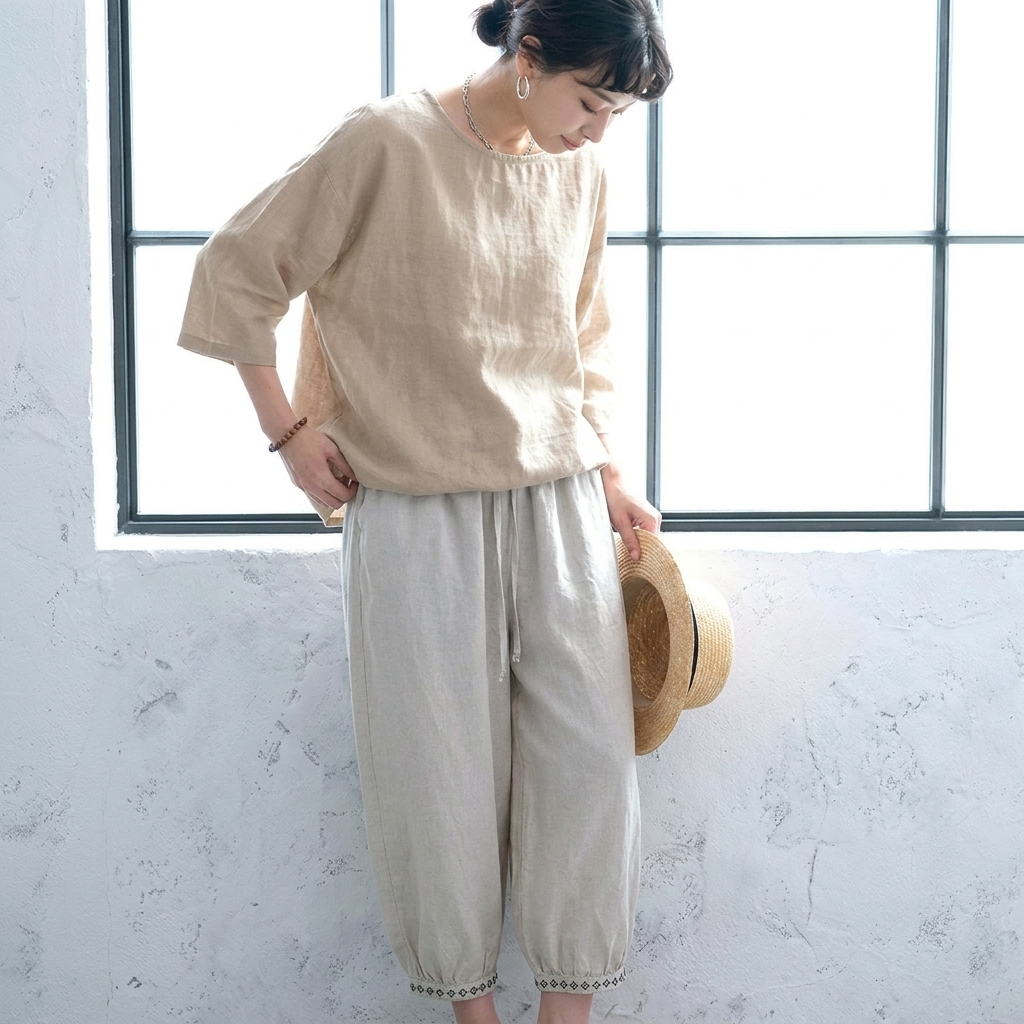 M-4XL 刺繍 コットン お家コーデ ガウチョパンツ M オフホワイト