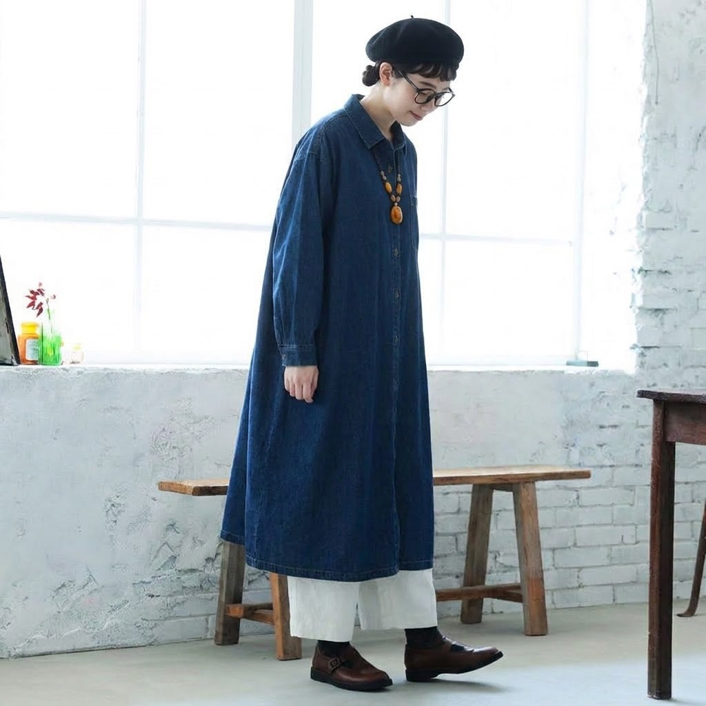 M-2XL 着回し ルーズシルエット デニム シャツワンピース M ライトブルー