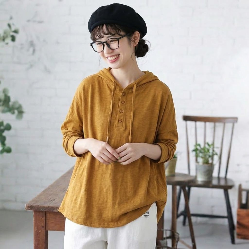 L-XL 体型カバー きれいめ 晩夏から秋向け 長袖 フード付き T シャツ L ホワイト