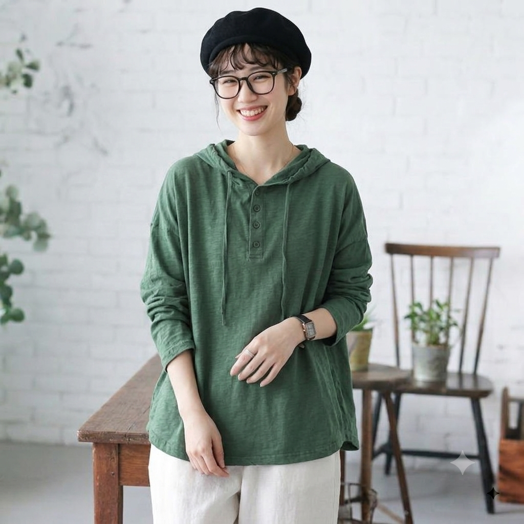L-XL 体型カバー きれいめ 晩夏から秋向け 長袖 フード付き T シャツ L ホワイト