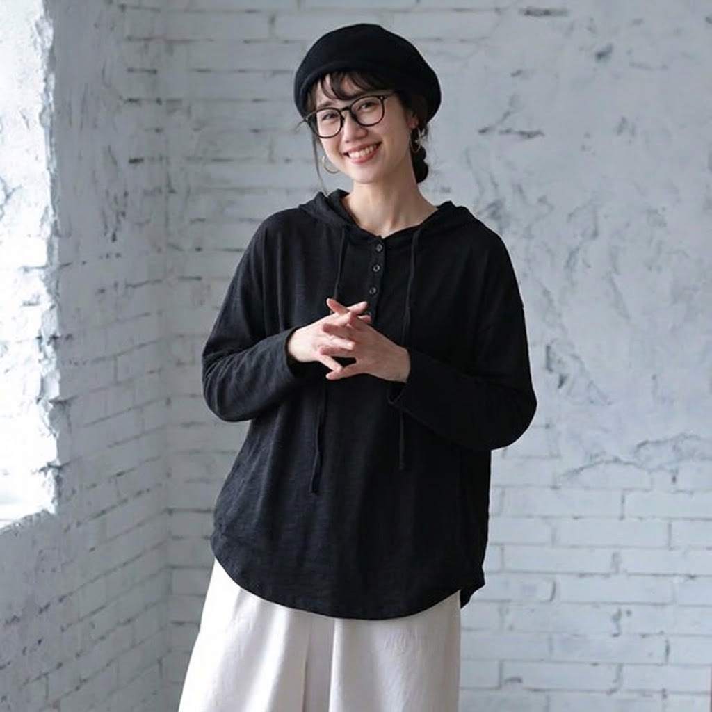 L-XL 体型カバー きれいめ 晩夏から秋向け 長袖 フード付き T シャツ XL ブラック