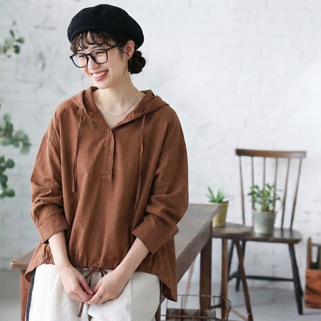 【ナチュラル】M-2XL  テクスチャ 無地 カジュアル 長袖トップス 2XL カーキ