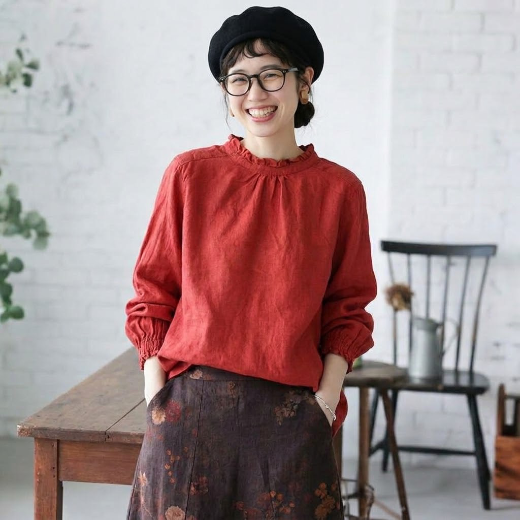 S-2XL No.1 人気商品 美人度アップ 長袖  無地 レトロ シャツ S レッド