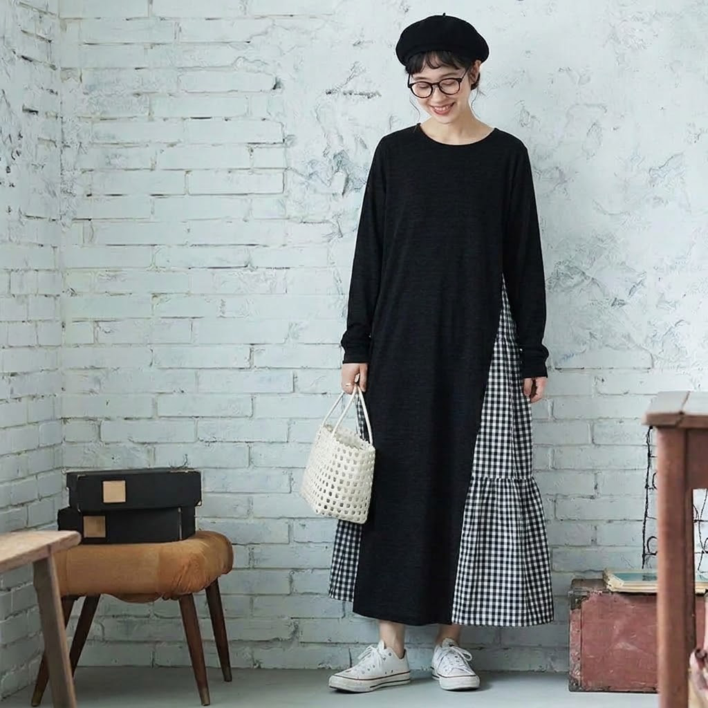 【コットン】F テクスチャ 上品見え 柔らかい ナチュラル 切り替え 長袖 ワンピース フリー グレー