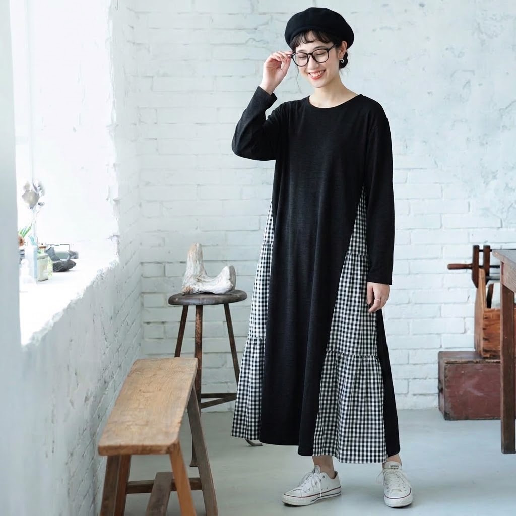 【コットン】F テクスチャ 上品見え 柔らかい ナチュラル 切り替え 長袖 ワンピース フリー グレー