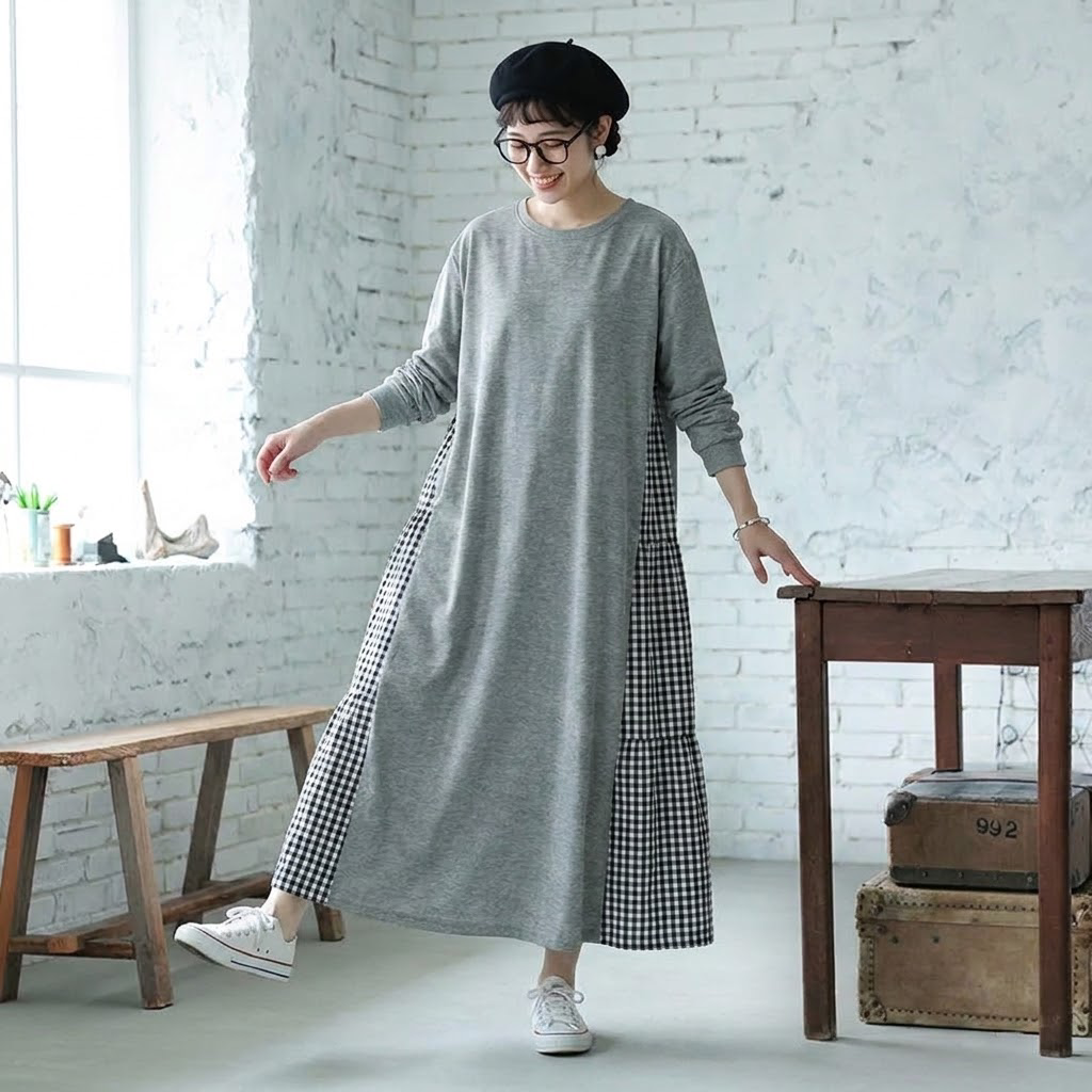 【コットン】F テクスチャ 上品見え 柔らかい ナチュラル 切り替え 長袖 ワンピース フリー グレー