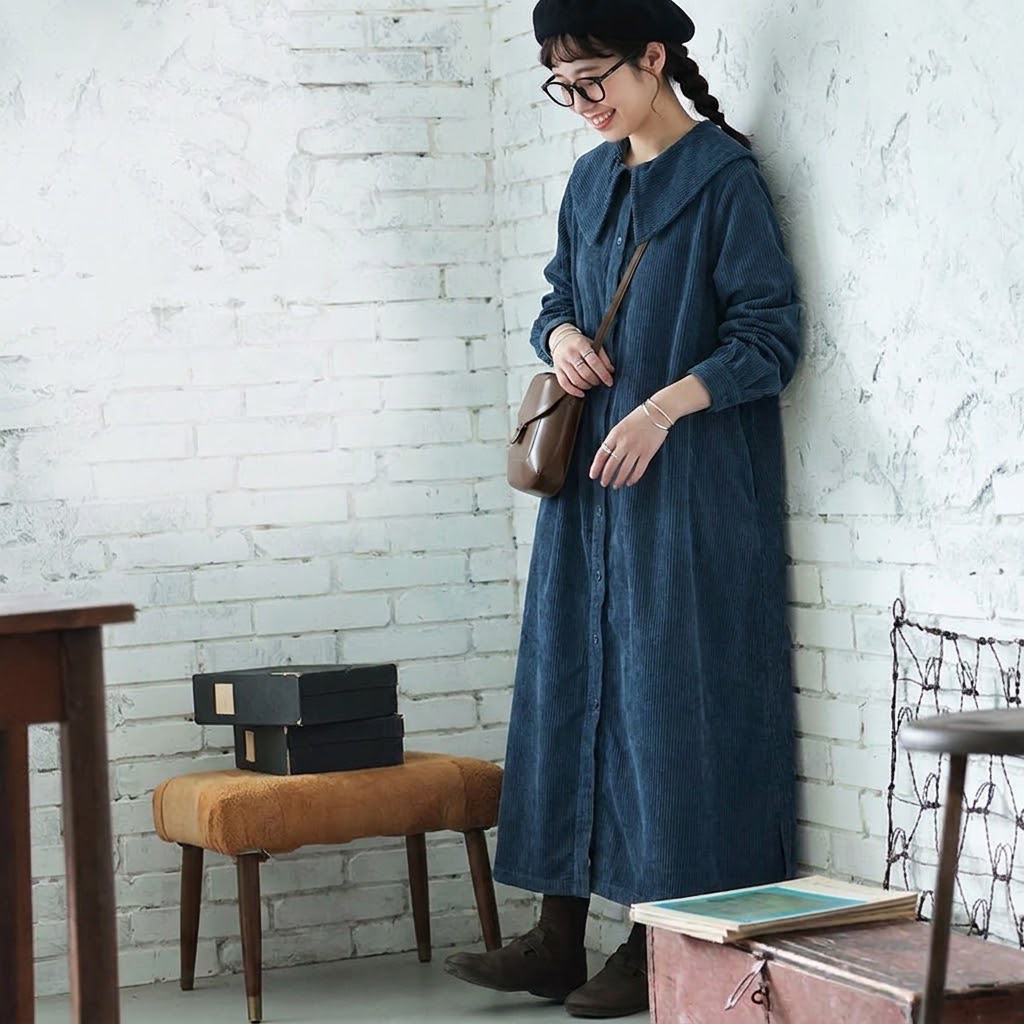 【コットン】M-2XL 超快適 シンプル 折り襟 長袖 甘めな印象 カジュアルワンピース 2XL 写真通り