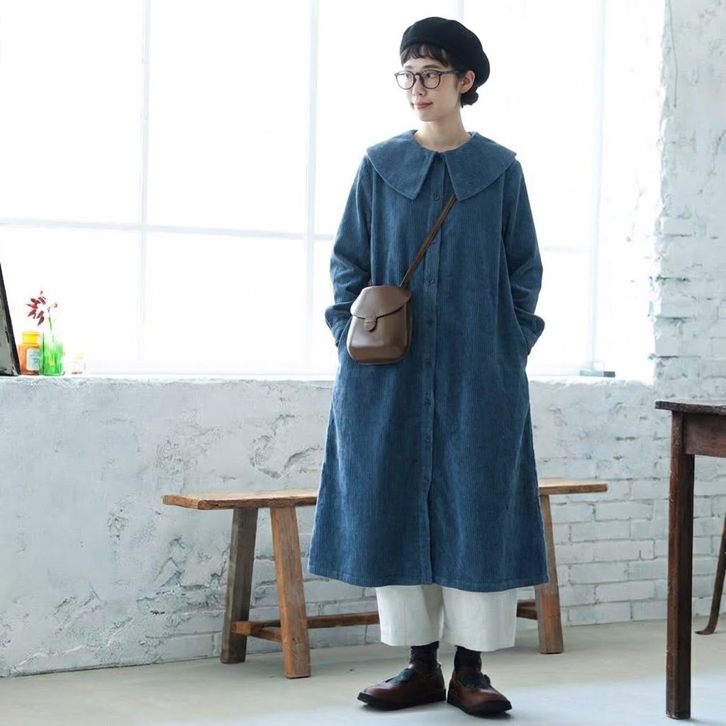 【コットン】M-2XL 超快適 シンプル 折り襟 長袖 甘めな印象 カジュアルワンピース M 写真通り