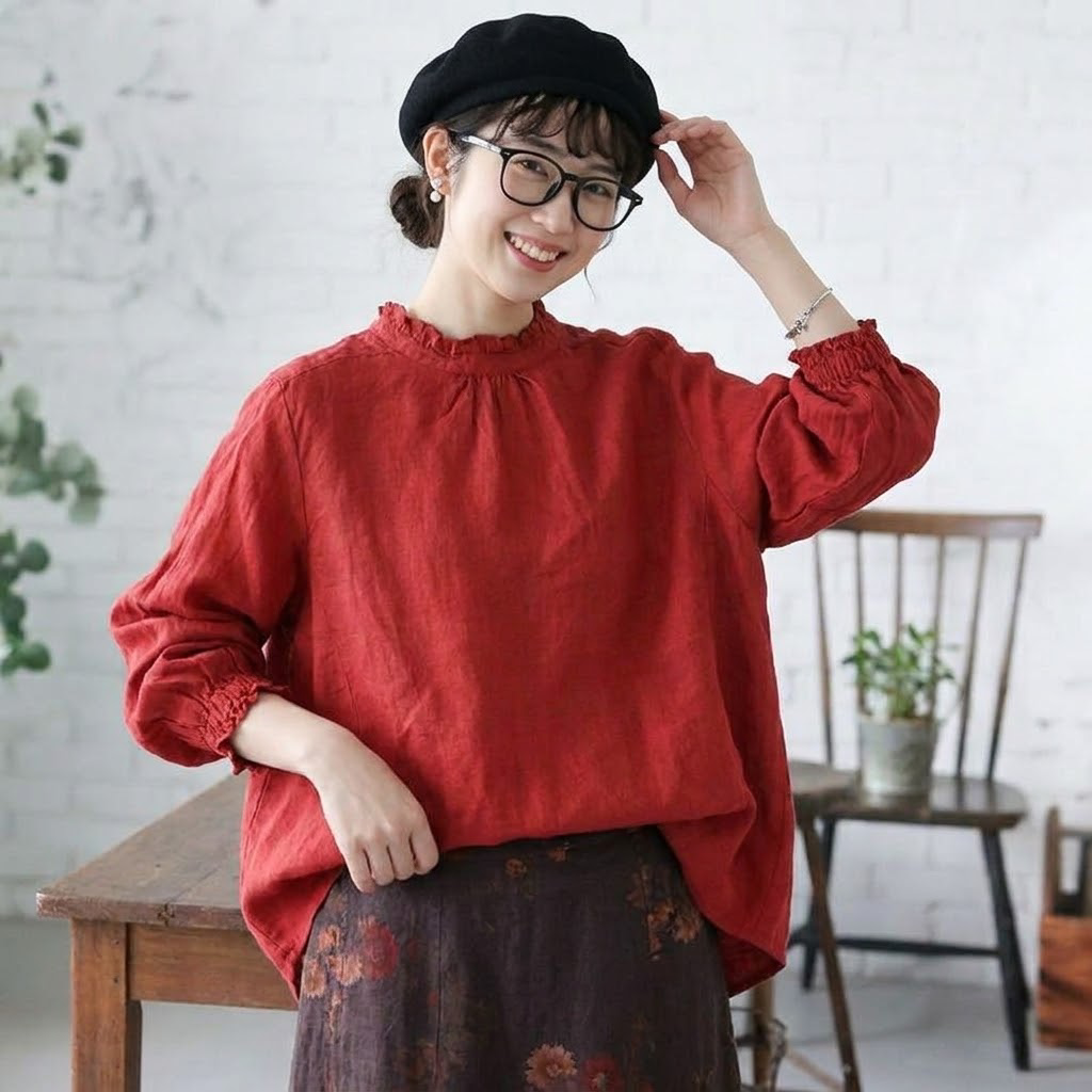 S-2XL No.1 人気商品 美人度アップ 長袖  無地 レトロ シャツ S レッド