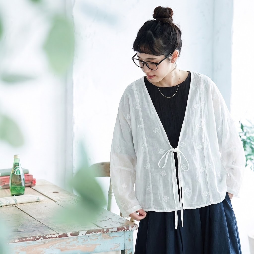 L-2XL Vネック ビックシルエット 刺繍 レトロ 長袖 カーディガン L ホワイト