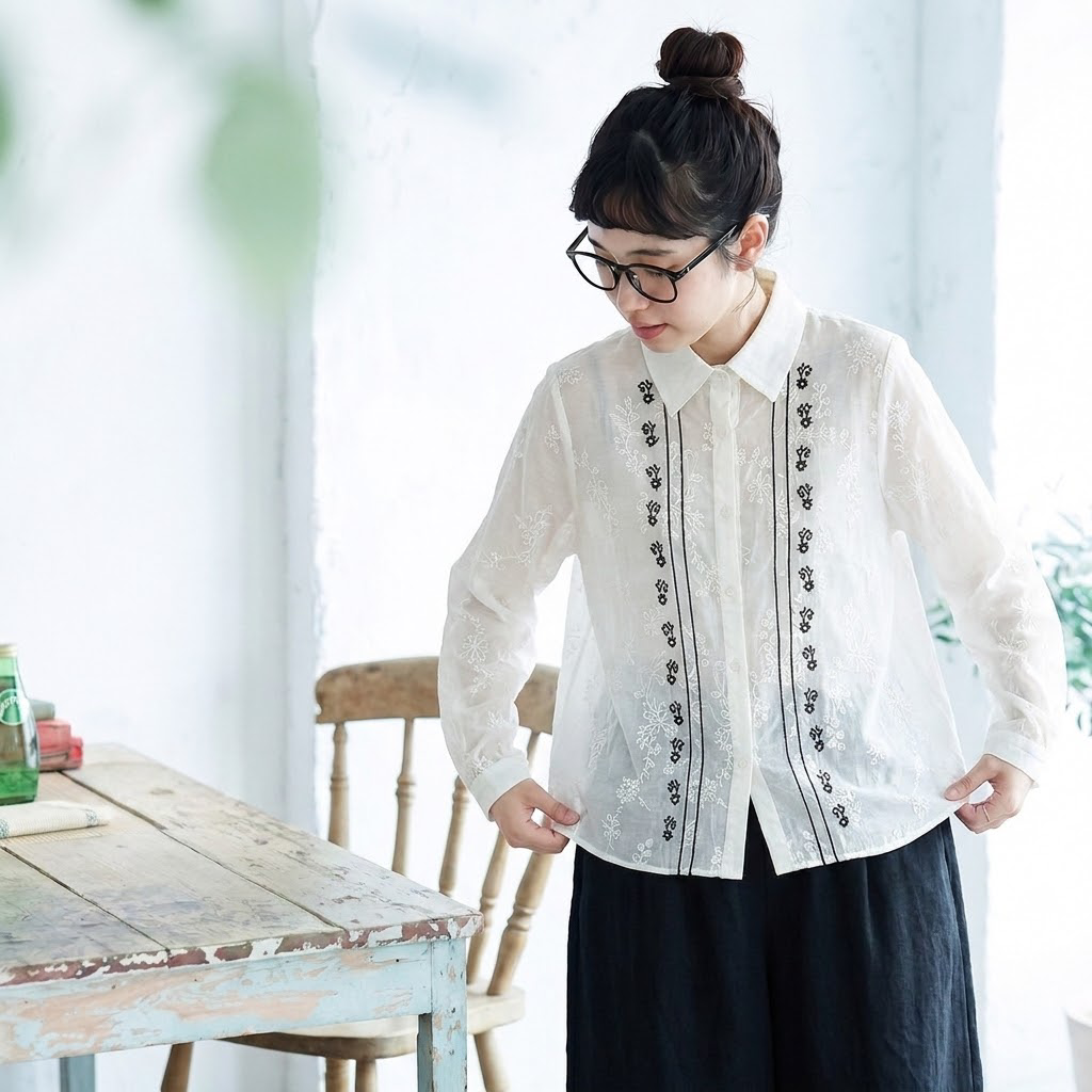 好評発売中フリーサイズ 長袖 刺繍 ボタン 折り襟 清新 シャツ フリー ホワイト